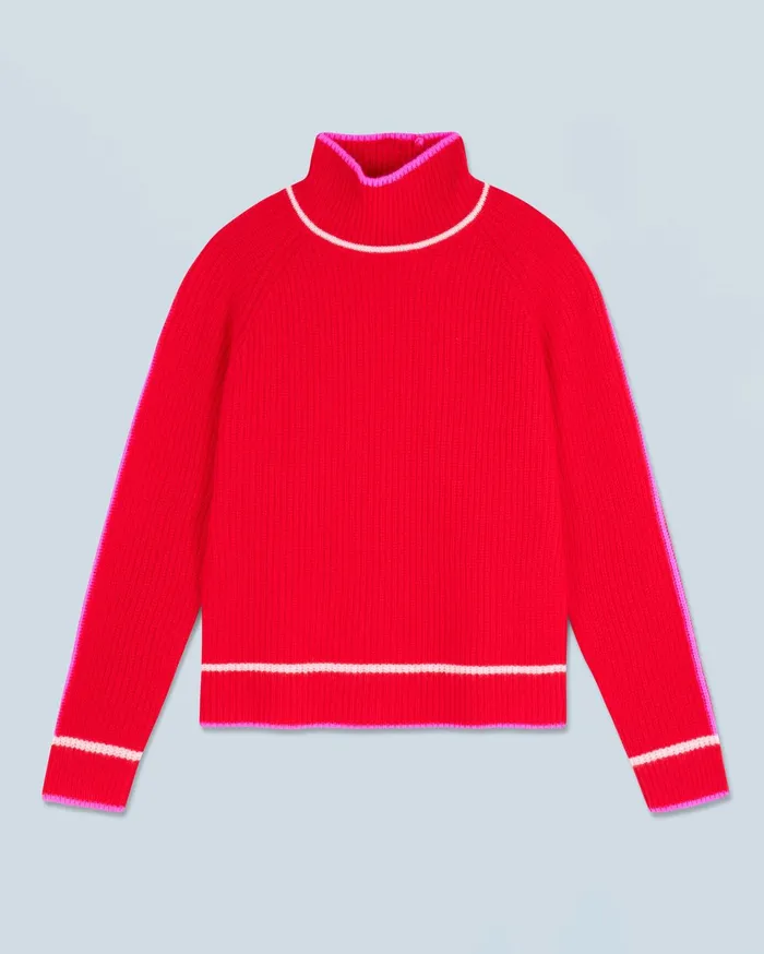 From Future Cashmere Sweaters Women Mock Neck Tricolor Sweater In Textured Knit Bright Red