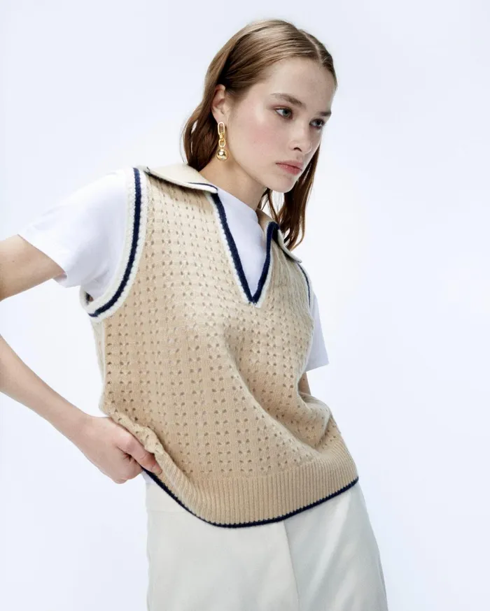 From Future Cashmere Sweaters Women Polo Neck Sleeveless Sweater Beige