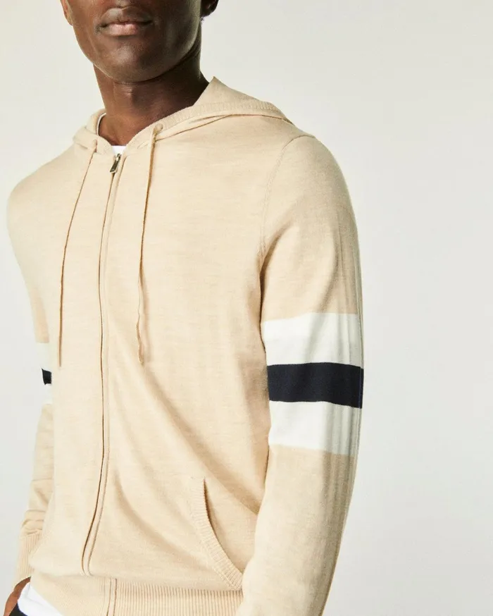 From Future Merino Wool Sweaters Men Striped Hoodie Sweater Heather Beige