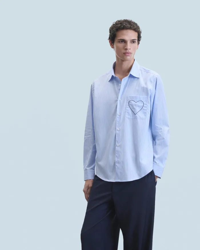 From Future Shirts and TShirts Men Heart Long Sleeve Shirt Light Blue Multi Stripe