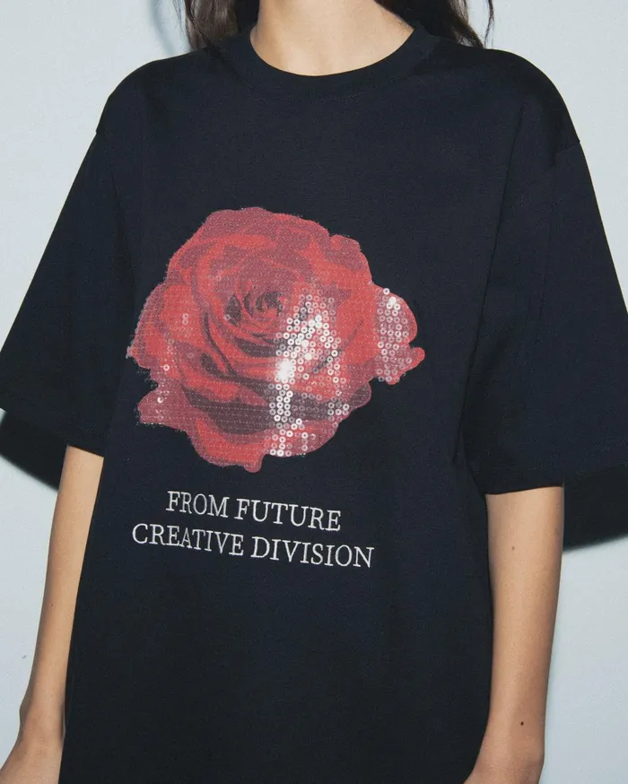 From Future Shirts TShirts and Tops Women Rose Short Sleeves Crewneck TShirt Black