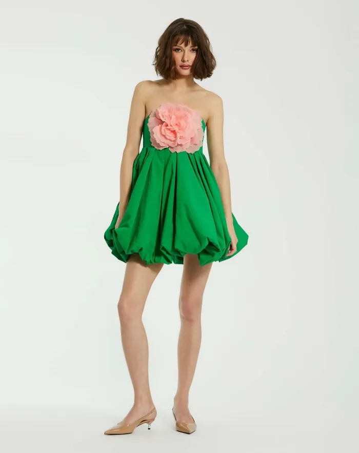 Green Strapless Faille Mini Dress With 3D Flower Spring Green Women Daytime Dresses Mac Duggal