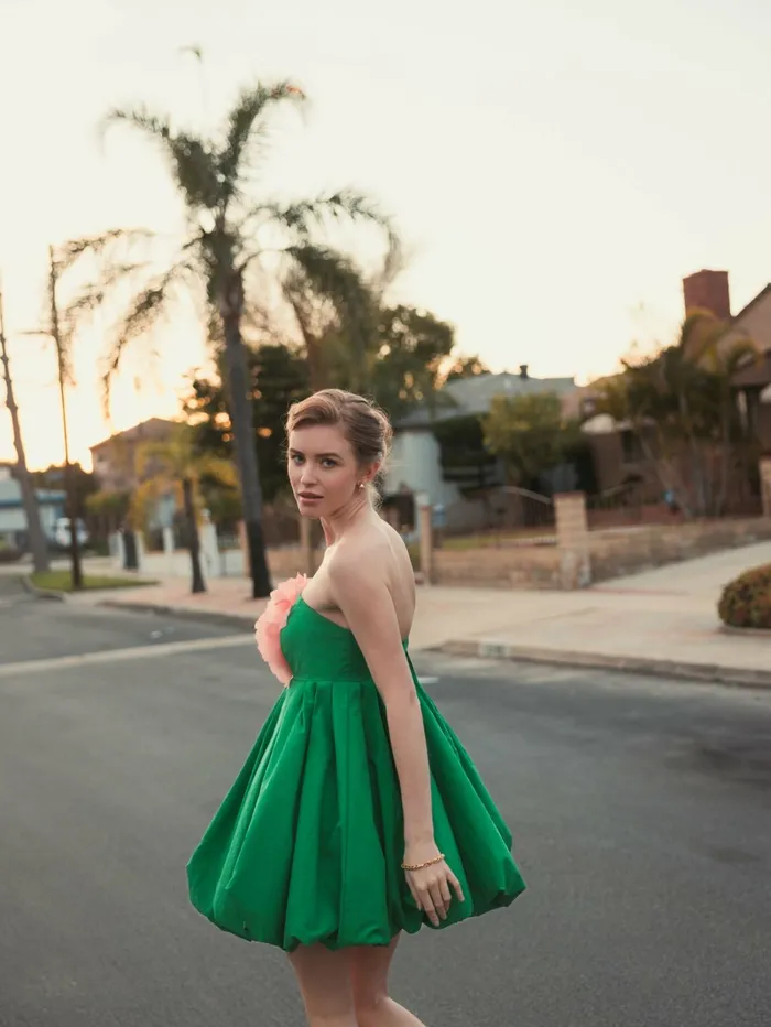 Green Strapless Faille Mini Dress With 3D Flower Spring Green Women Daytime Dresses Mac Duggal