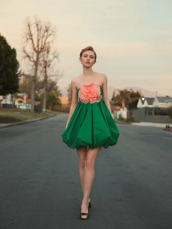 Green Strapless Faille Mini Dress With 3D Flower Spring Green Women Daytime Dresses Mac Duggal