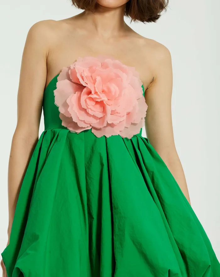 Green Strapless Faille Mini Dress With 3D Flower Spring Green Women Daytime Dresses Mac Duggal