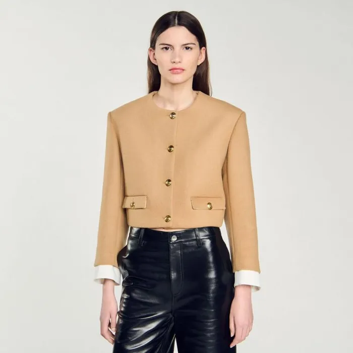 Jackets and Blazers Women SANDRO Cropped Woolblend Jacket Camel