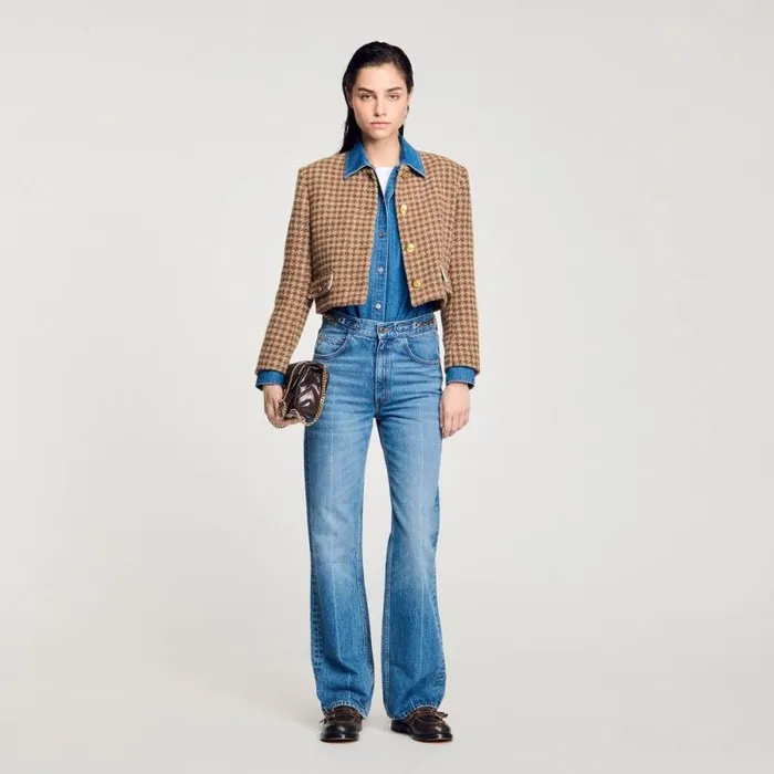 Jackets and Blazers Women SANDRO Short Checked Jacket Brown