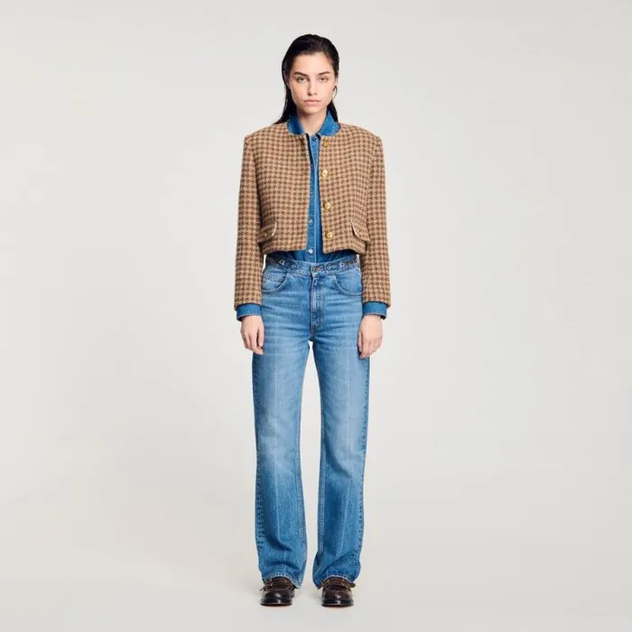Jackets and Blazers Women SANDRO Short Checked Jacket Brown