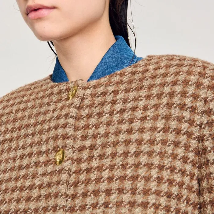 Jackets and Blazers Women SANDRO Short Checked Jacket Brown