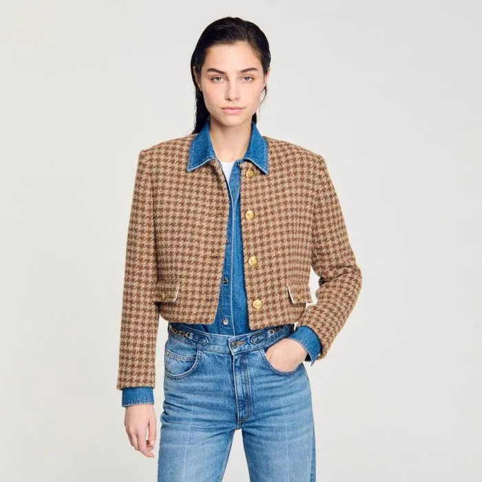 Jackets and Blazers Women SANDRO Short Checked Jacket Brown