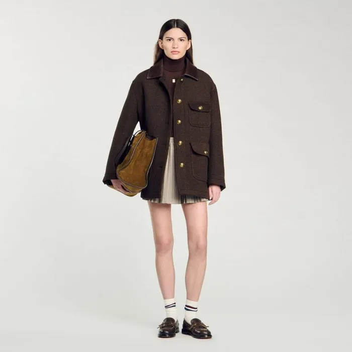 Jackets and Blazers Women SANDRO Tweed Coat Brown