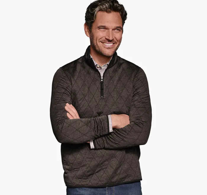 Johnston and Murphy Diamond Quilt QuarterZip Brown Heather Men Sweaters and Knits