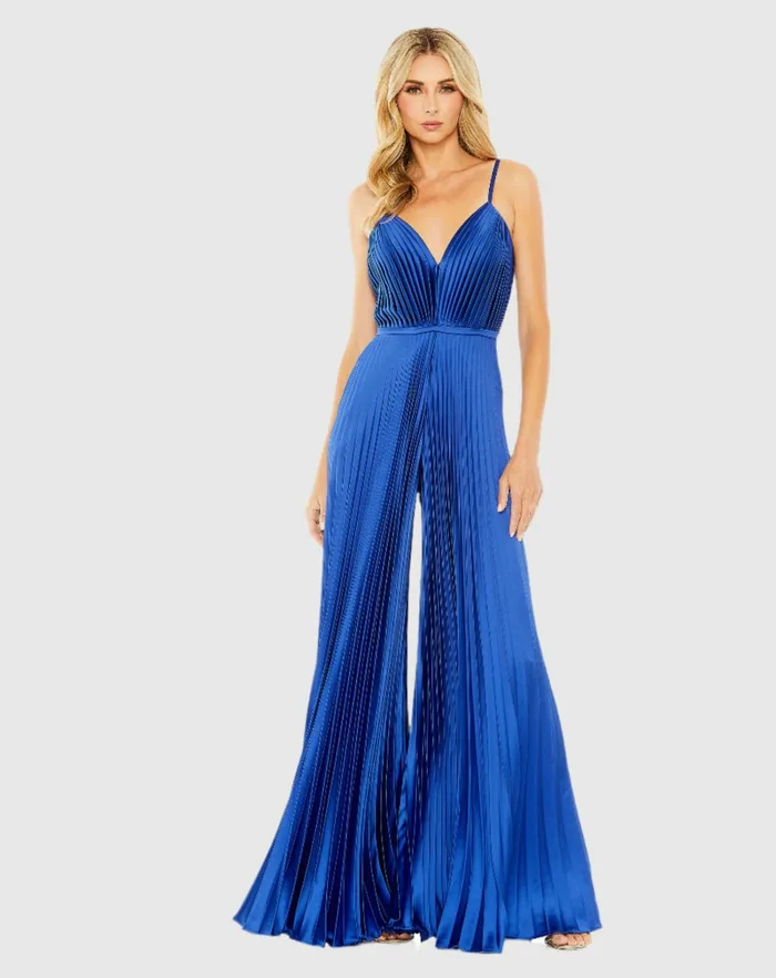 Jumpsuits and Rompers Dark Blue Pleated Plunge Neck Wide Leg Jumpsuit Royal 8211 Mac Duggal Women Jumpsuits and Rompers Dark Blue Pleated Plunge Neck Wide Leg Jumpsuit Royal 8211 Mac Duggal Women