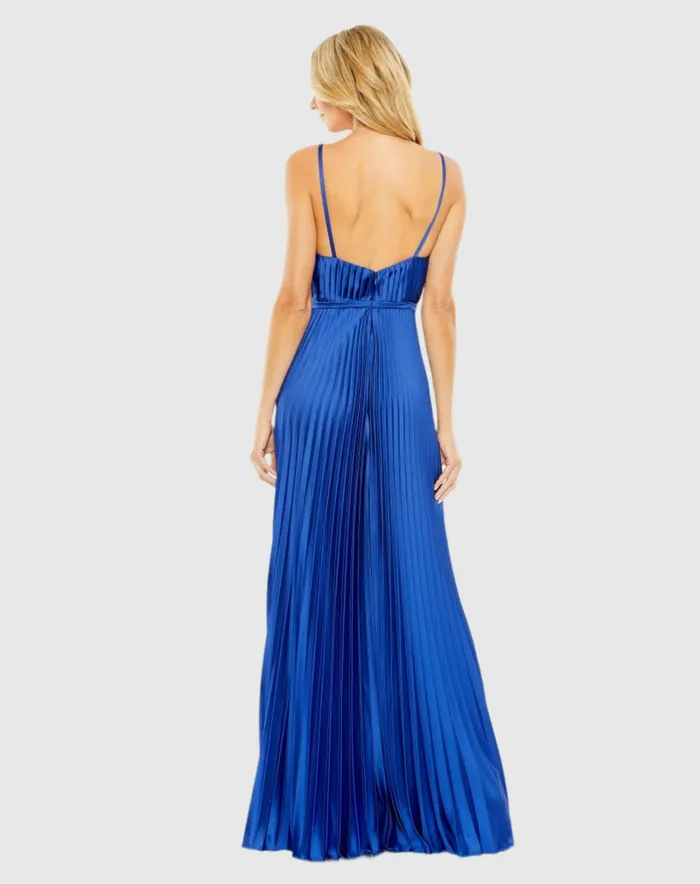 Jumpsuits and Rompers Dark Blue Pleated Plunge Neck Wide Leg Jumpsuit Royal 8211 Mac Duggal Women