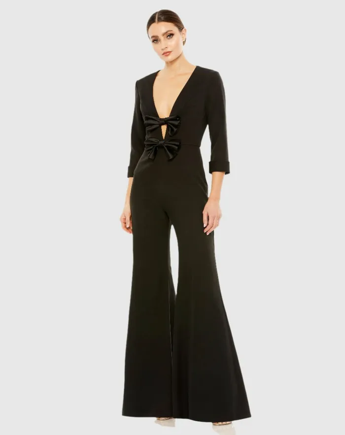 Jumpsuits and Rompers Long Sleeve Bow Detail Wide Leg Jumpsuit Black 8211 Mac Duggal Women
