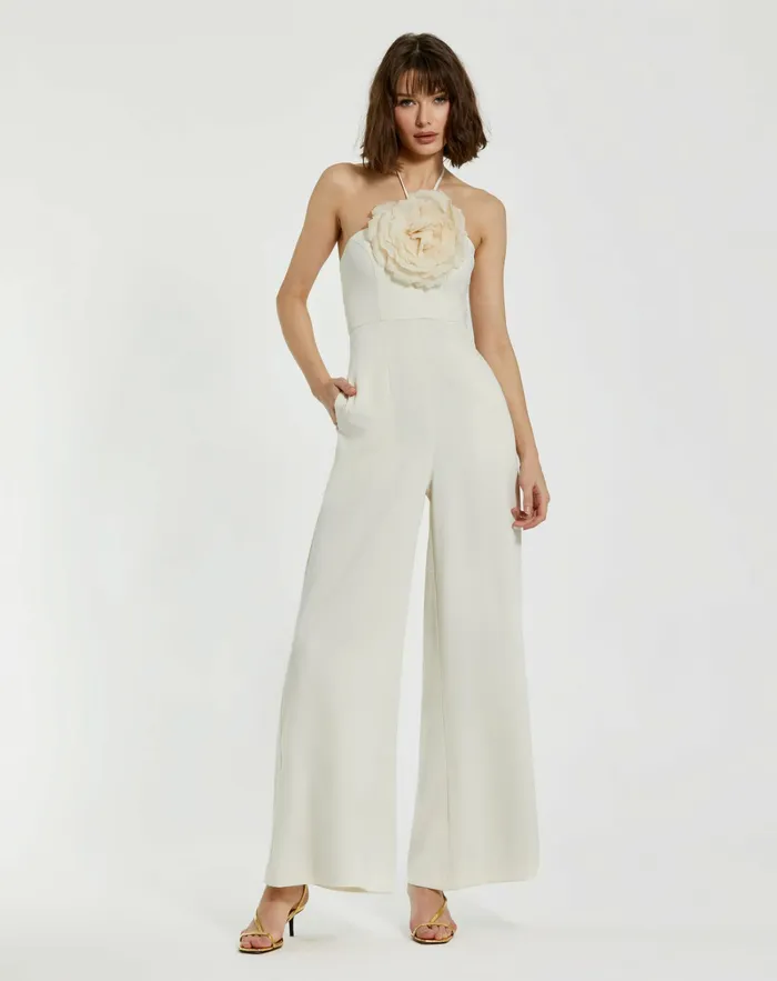 Jumpsuits and Rompers Mac Duggal Women Crepe Halter Neck Jumpsuit With Flower Ivory
