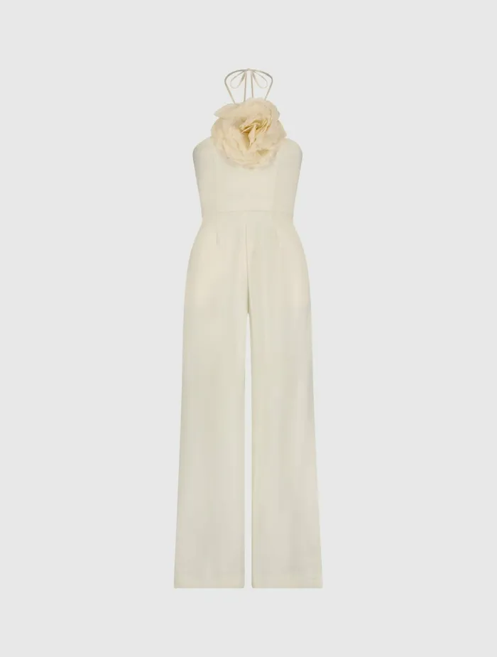 Jumpsuits and Rompers Mac Duggal Women Crepe Halter Neck Jumpsuit With Flower Ivory