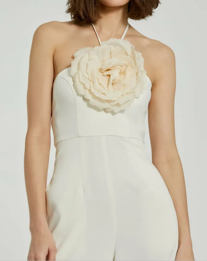 Jumpsuits and Rompers Mac Duggal Women Crepe Halter Neck Jumpsuit With Flower Ivory