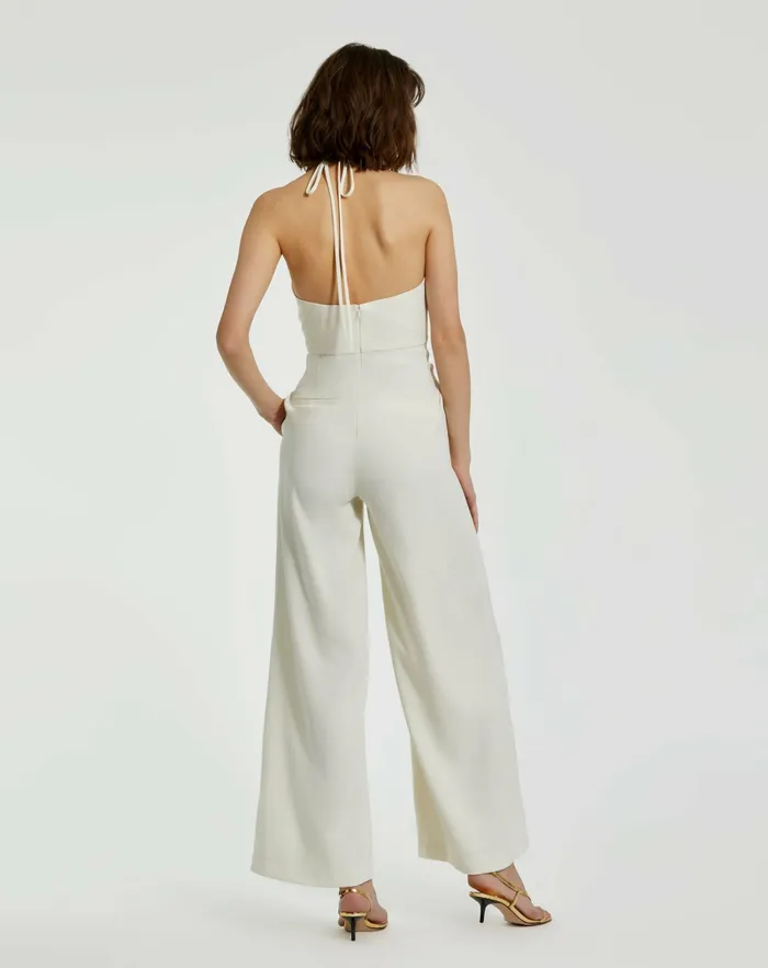 Jumpsuits and Rompers Mac Duggal Women Crepe Halter Neck Jumpsuit With Flower Ivory
