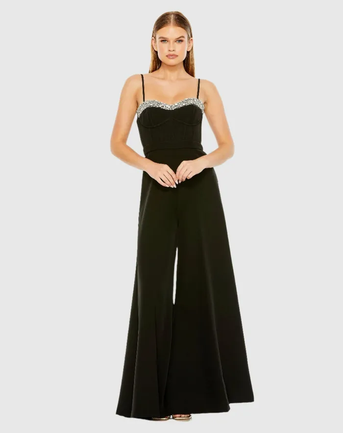 Jumpsuits and Rompers Slim Strap Beaded Bustier Top Jumpsuit Black 8211 Mac Duggal Women