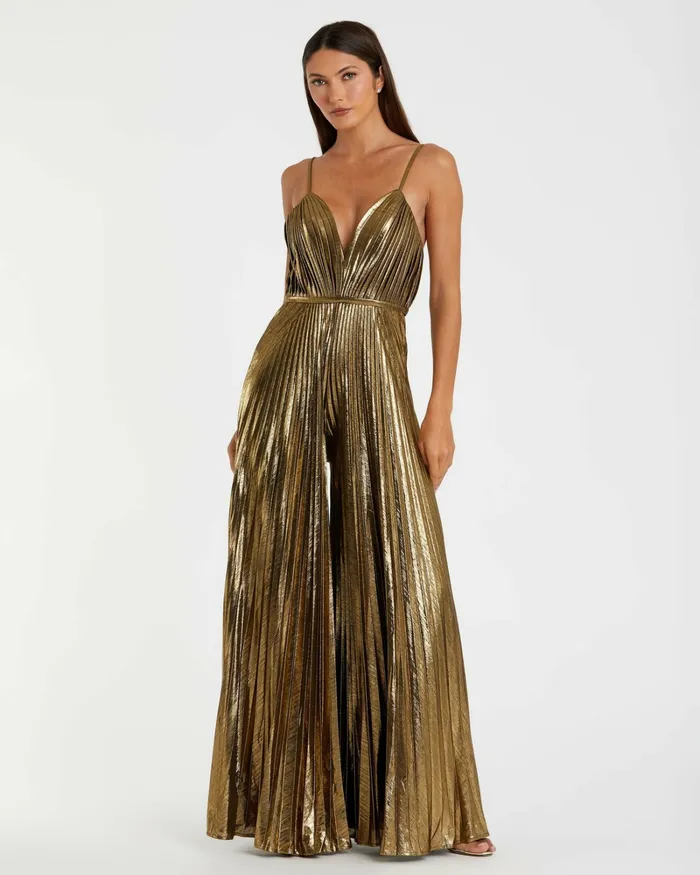 Jumpsuits and Rompers Women Mac Duggal Metallic Pleated VNeck Jumpsuit Antique Gold