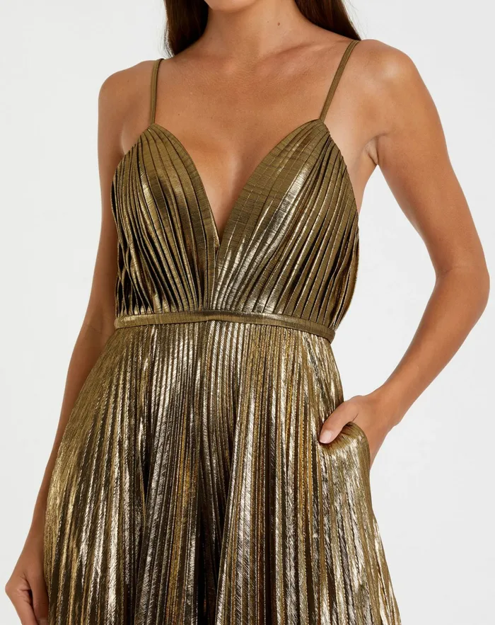 Jumpsuits and Rompers Women Mac Duggal Metallic Pleated VNeck Jumpsuit Antique Gold