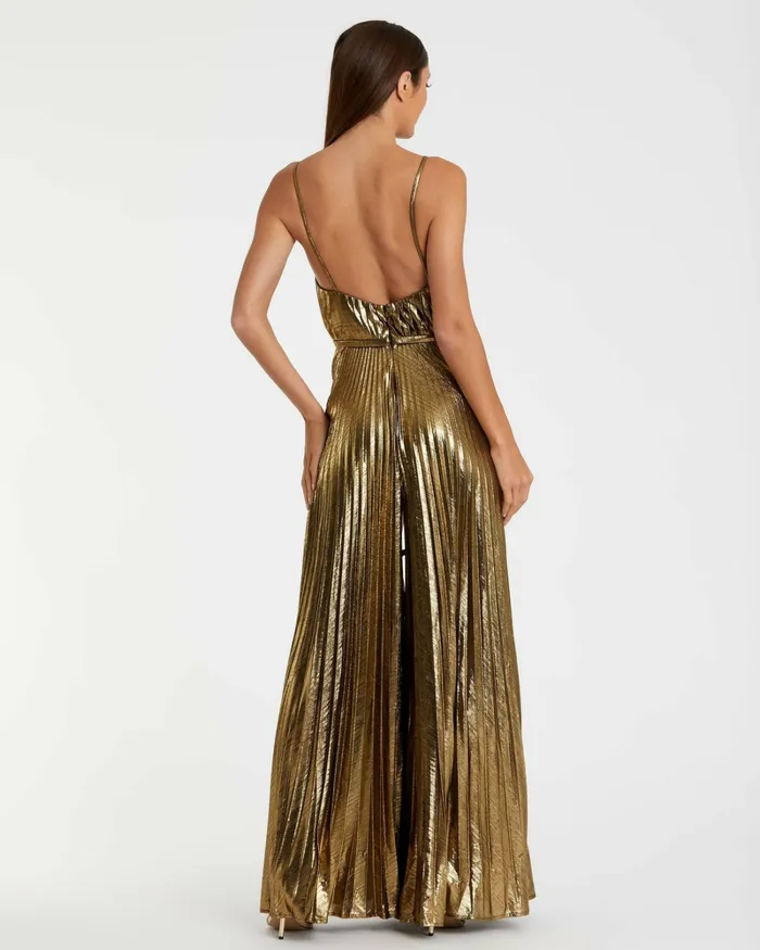 Jumpsuits and Rompers Women Mac Duggal Metallic Pleated VNeck Jumpsuit Antique Gold