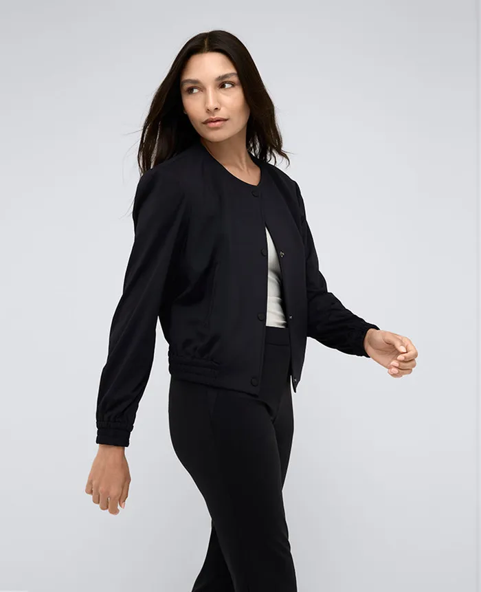 Kenneth Cole Blazers and Jackets Women Athletic Stretch Collarless Bomber Jacket Black Kenneth Cole Blazers and Jackets Women Athletic Stretch Collarless Bomber Jacket Black