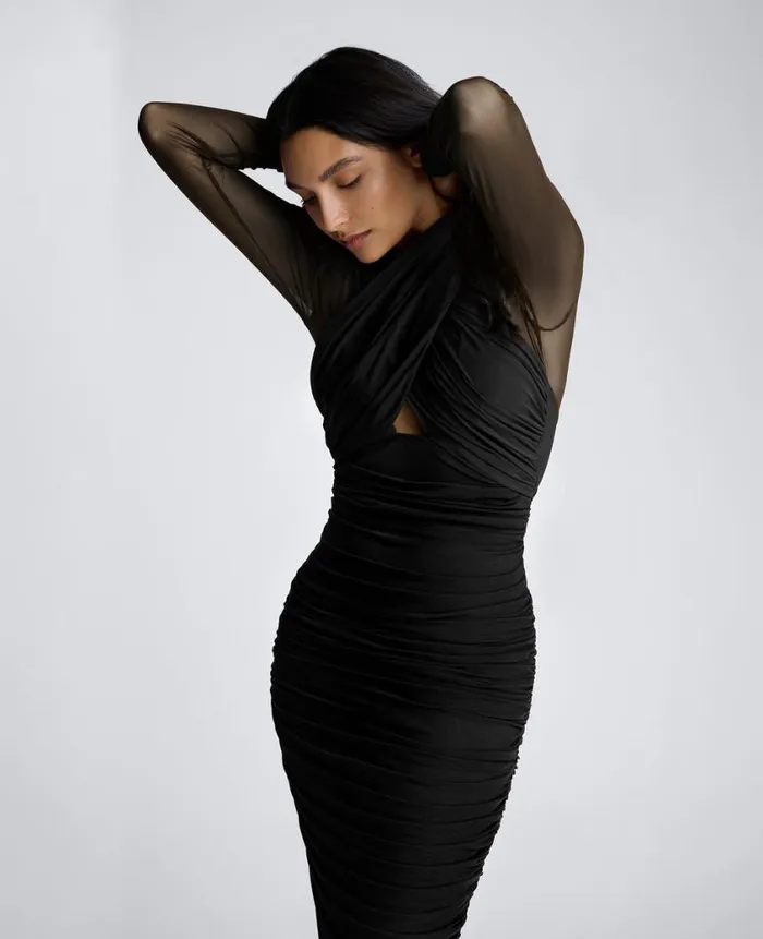 Kenneth Cole Dresses and Skirts Women Twist Front Mesh Midi Dress With Side Rouching Black Kenneth Cole Dresses and Skirts Women Twist Front Mesh Midi Dress With Side Rouching Black
