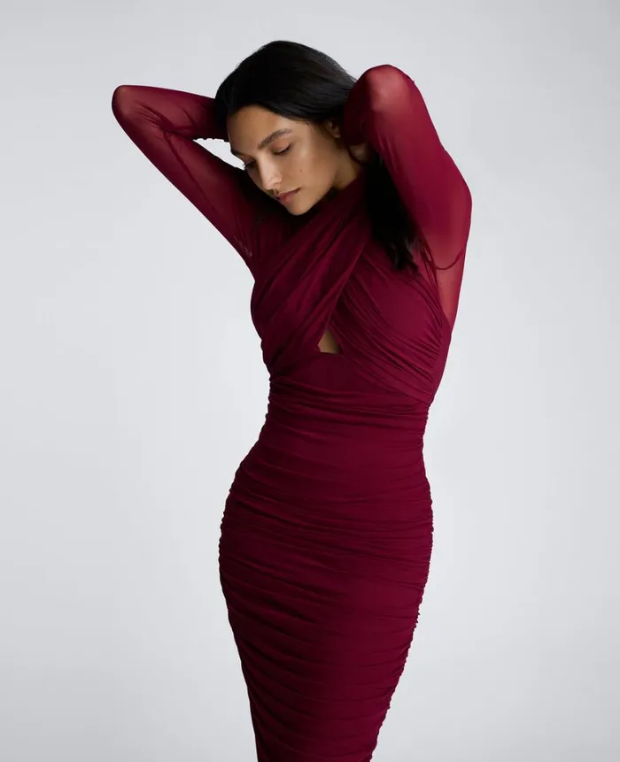 Kenneth Cole Dresses and Skirts Women Twist Front Mesh Midi Dress With Side Rouching Red Kenneth Cole Dresses and Skirts Women Twist Front Mesh Midi Dress With Side Rouching Red