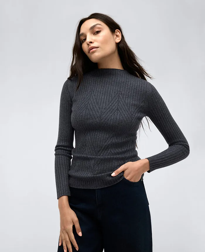 Kenneth Cole Sweaters Women Ribbed Mock Neck Chevron Stitch Sweater Grey