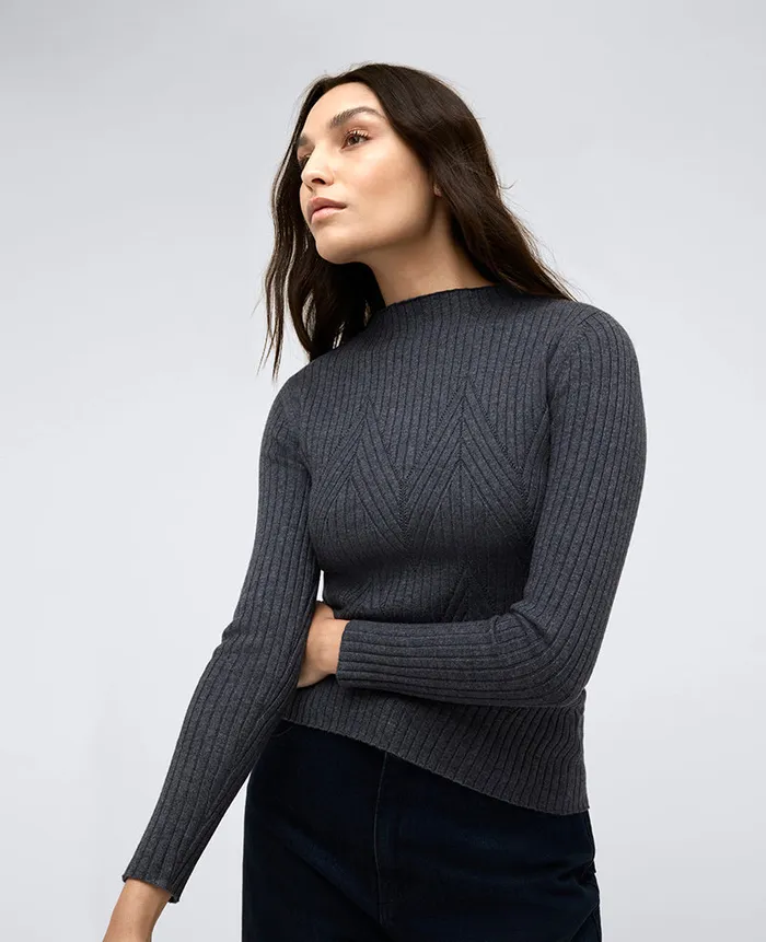 Kenneth Cole Sweaters Women Ribbed Mock Neck Chevron Stitch Sweater Grey