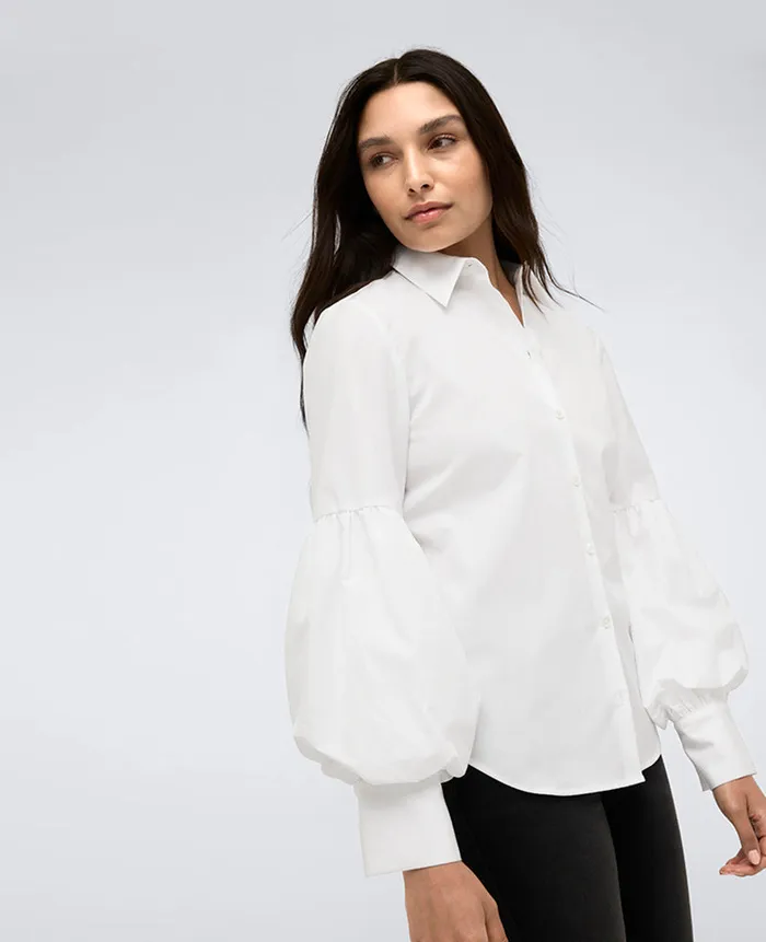 Kenneth Cole Tops Women Balloon Sleeve Button Front Collared Shirt White