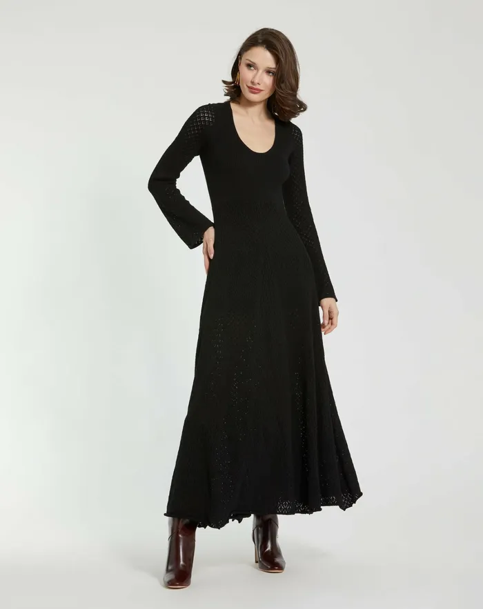 Knitwear Mac Duggal Women Scoop Neck Long Sleeve Knit Maxi Dress Black