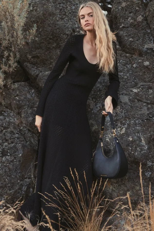 Knitwear Mac Duggal Women Scoop Neck Long Sleeve Knit Maxi Dress Black