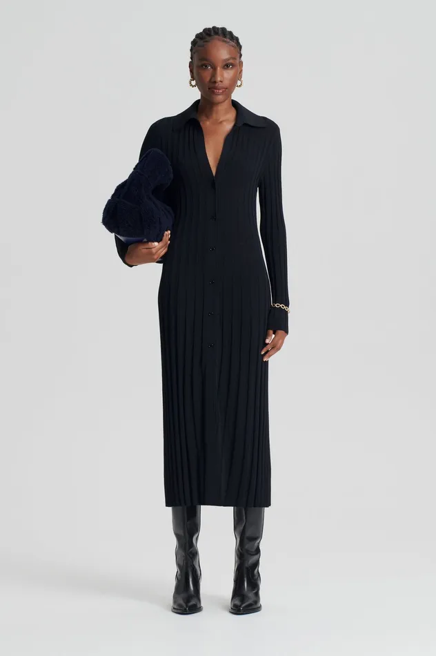 Knitwear PLEATED RIB PLACKET DRESS 14 BLACK 8211 Scanlan Theodore Women