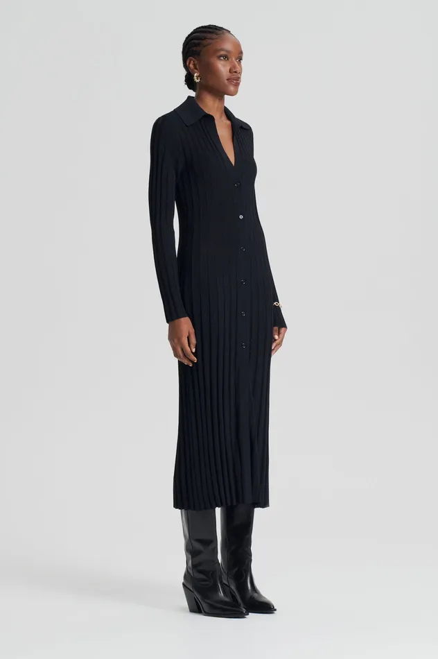 Knitwear PLEATED RIB PLACKET DRESS 14 BLACK 8211 Scanlan Theodore Women Knitwear PLEATED RIB PLACKET DRESS 14 BLACK 8211 Scanlan Theodore Women