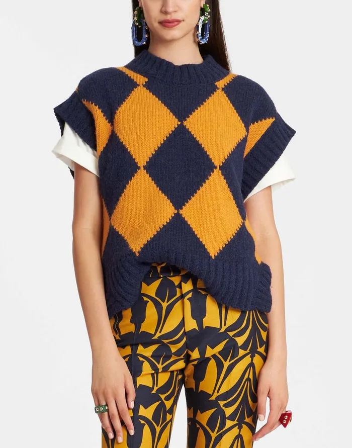 La Doublej Argyle Gilet Navy and Yellow In Wool Women Knitwear