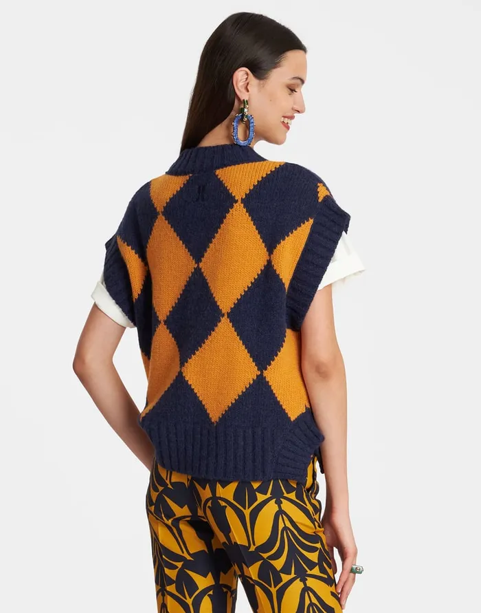 La Doublej Argyle Gilet Navy and Yellow In Wool Women Knitwear