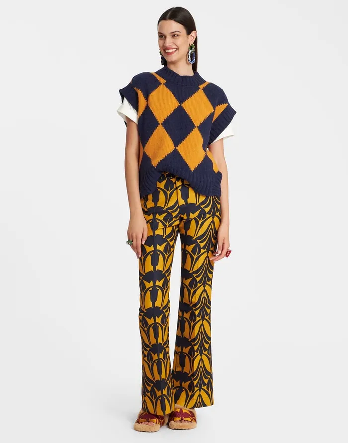 La Doublej Argyle Gilet Navy and Yellow In Wool Women Knitwear