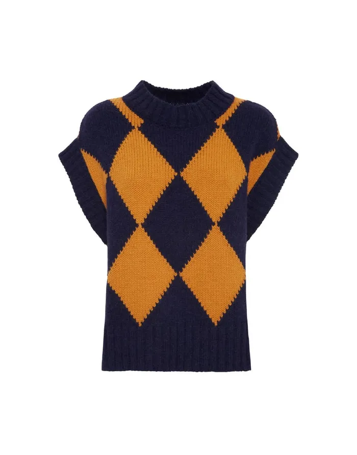 La Doublej Argyle Gilet Navy and Yellow In Wool Women Knitwear