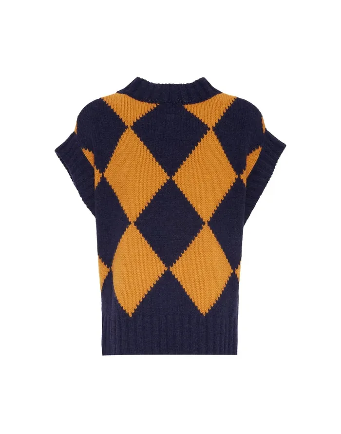 La Doublej Argyle Gilet Navy and Yellow In Wool Women Knitwear