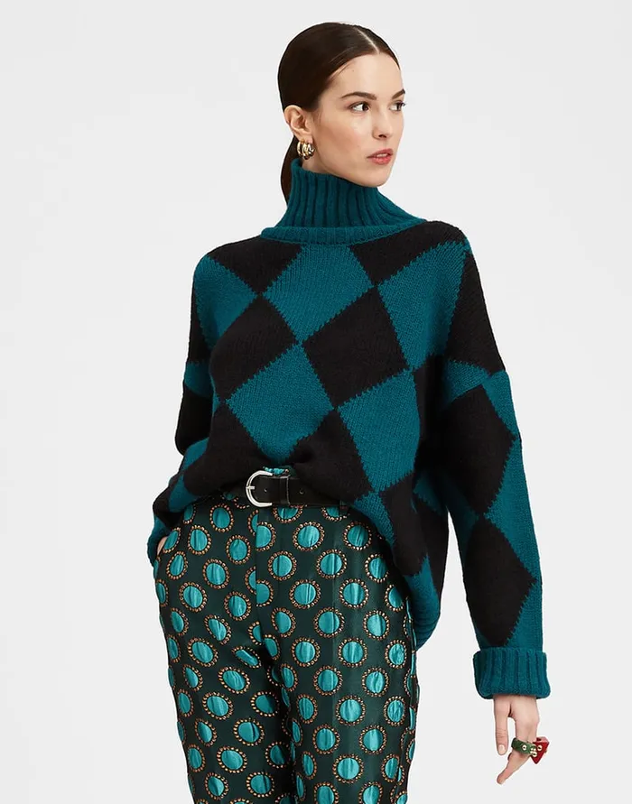 La Doublej Argyle Sweater Green Black In Wool Women Knitwear