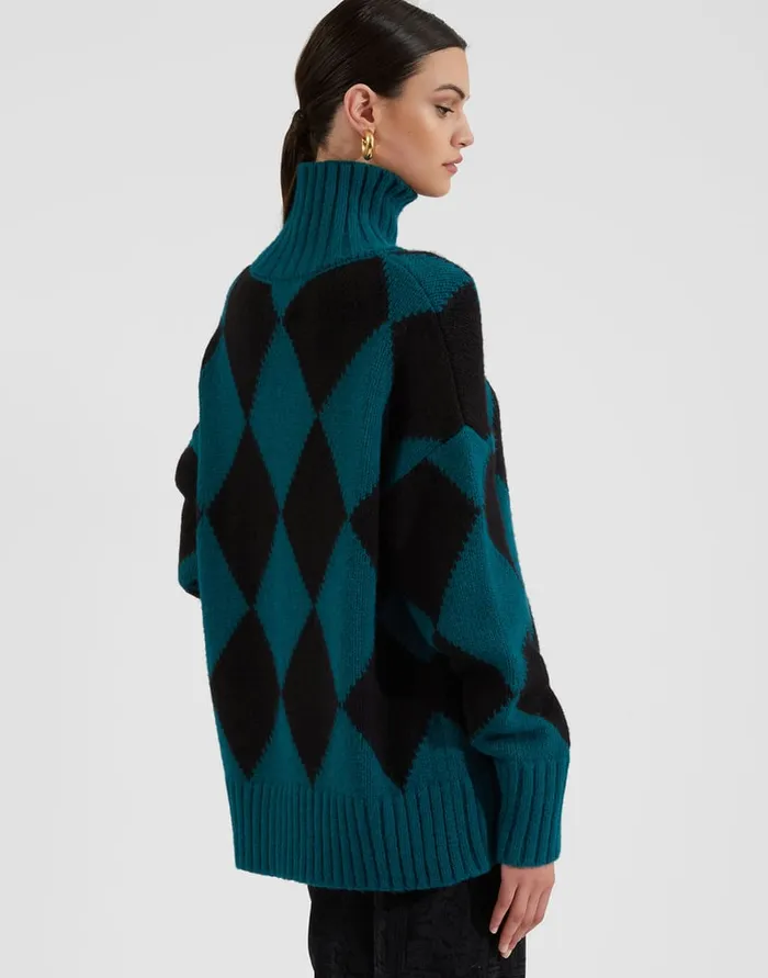 La Doublej Argyle Sweater Green Black In Wool Women Knitwear