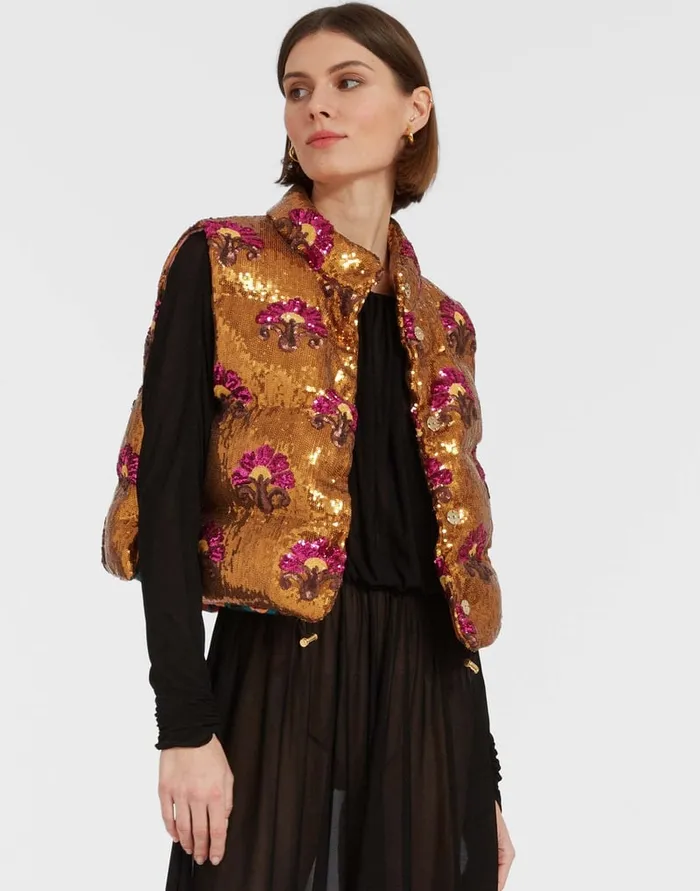La Doublej Bonbon Puffer Vest Bronze In Textured Sequins Women Outerwear