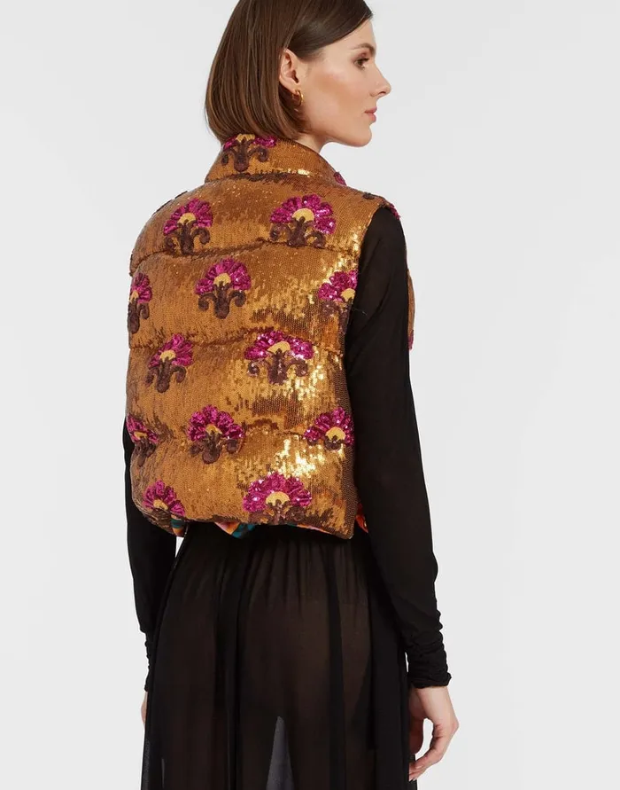 La Doublej Bonbon Puffer Vest Bronze In Textured Sequins Women Outerwear