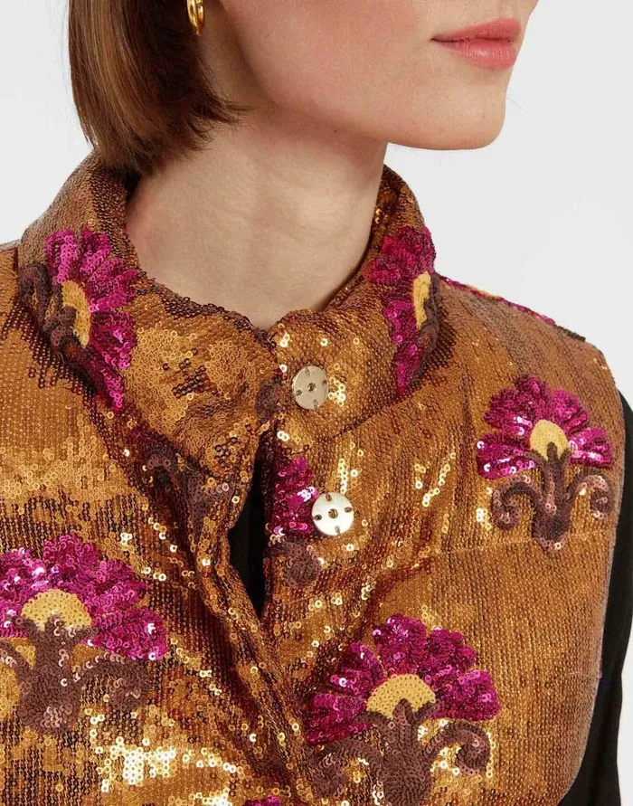 La Doublej Bonbon Puffer Vest Bronze In Textured Sequins Women Outerwear