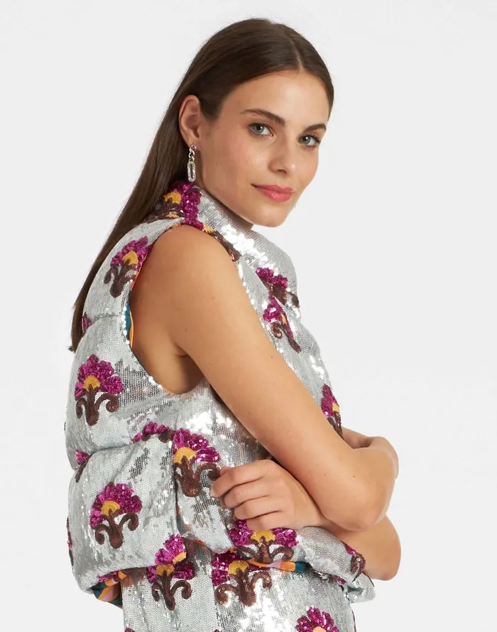 La Doublej Bonbon Puffer Vest Silver In Textured Sequins Women Outerwear