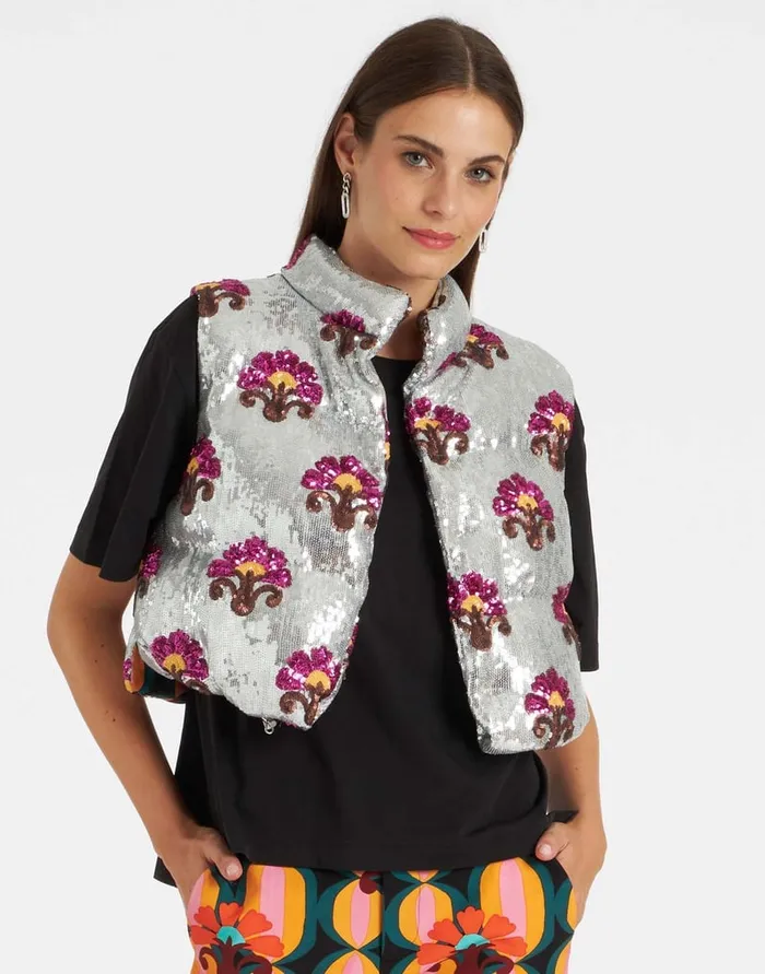 La Doublej Bonbon Puffer Vest Silver In Textured Sequins Women Outerwear