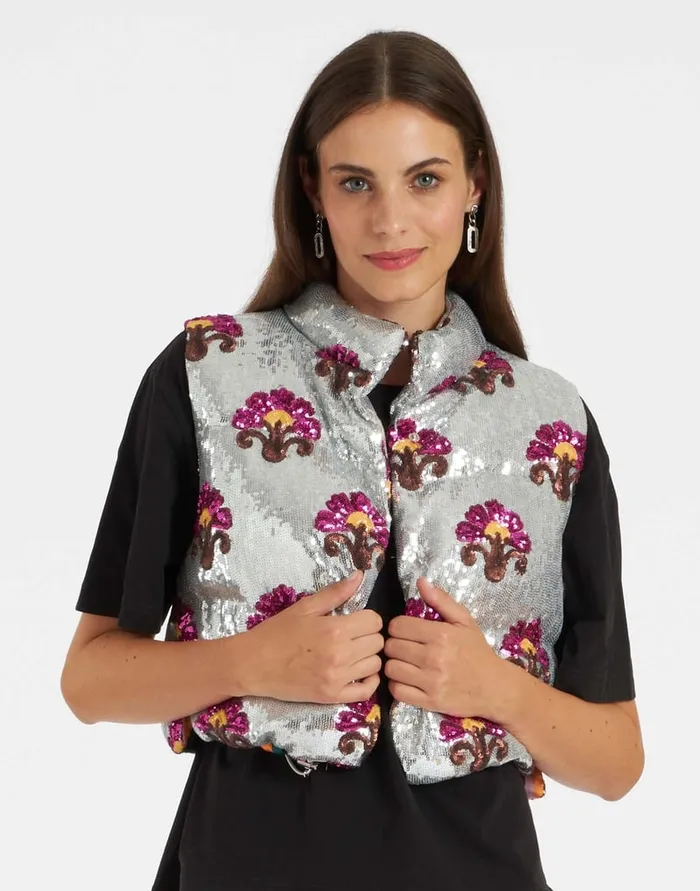 La Doublej Bonbon Puffer Vest Silver In Textured Sequins Women Outerwear